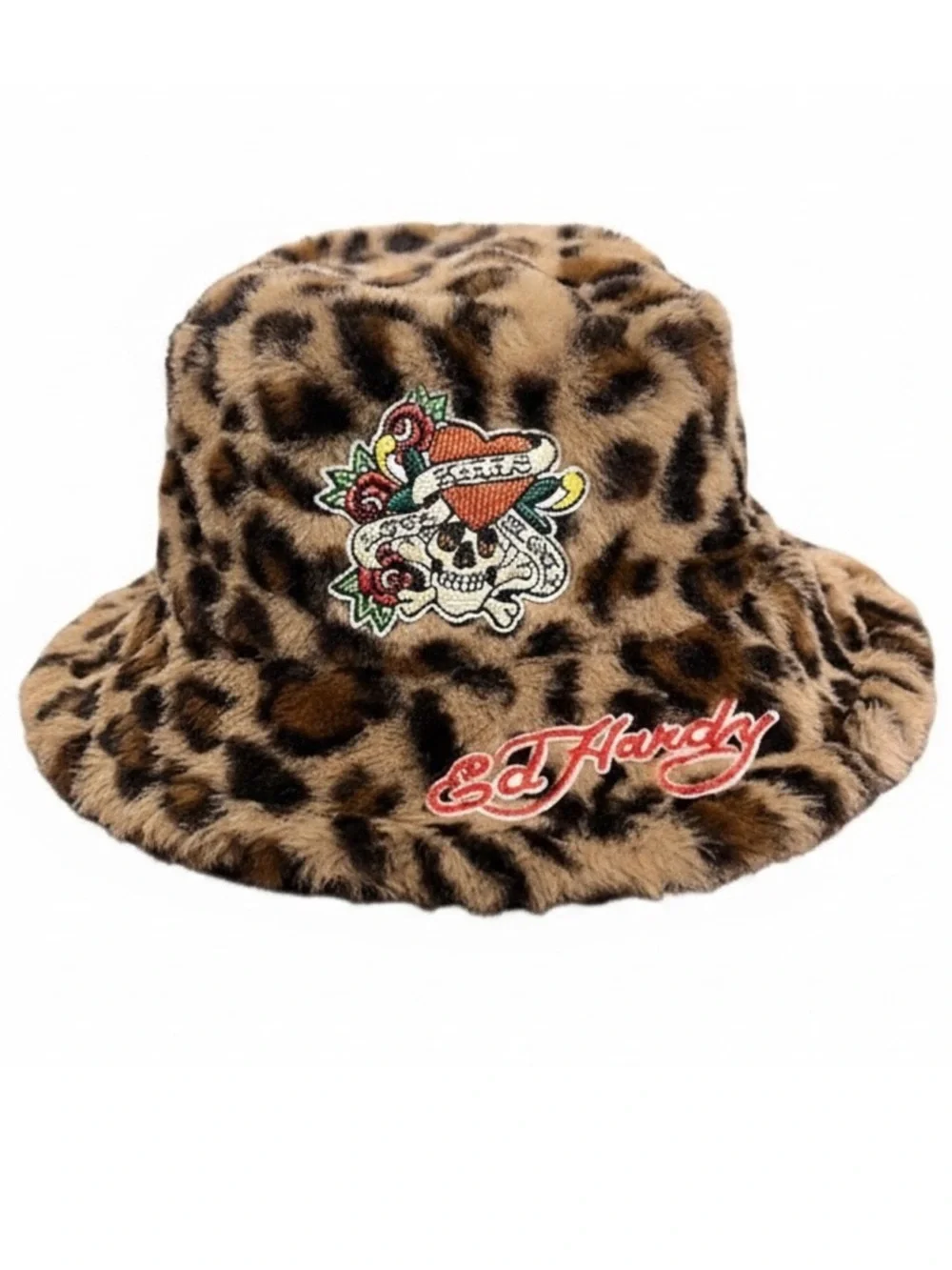 Ed Hardy Leopard Faux Fur Bucket Hat Love Kills Slowly Patch NWT